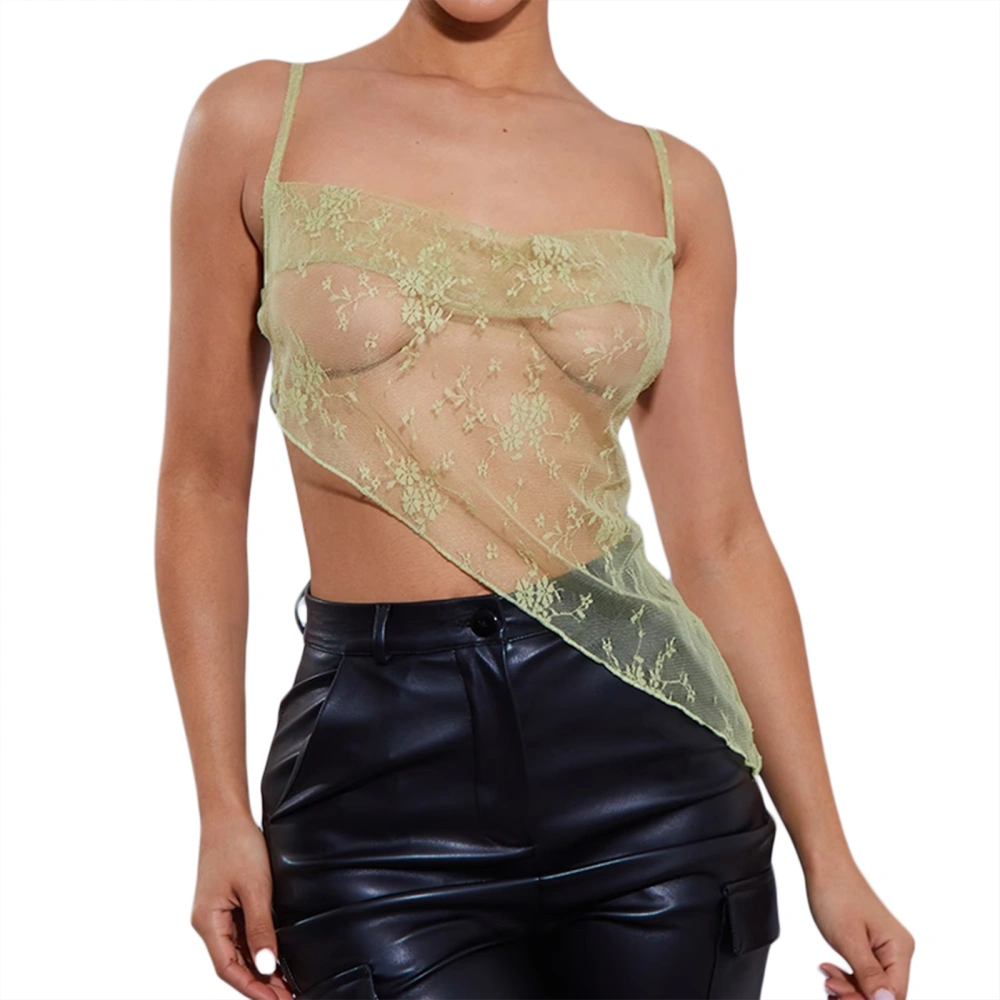 Women Sheer Crop Cami Tops, Spaghetti Strap Asymmetrical Lace Camisole