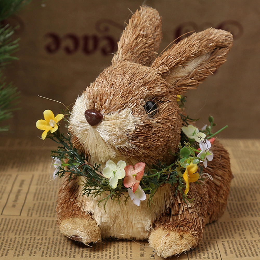 Easter Straw Rabbit Handicraft, Desktop Bunny Ornament with Wreath