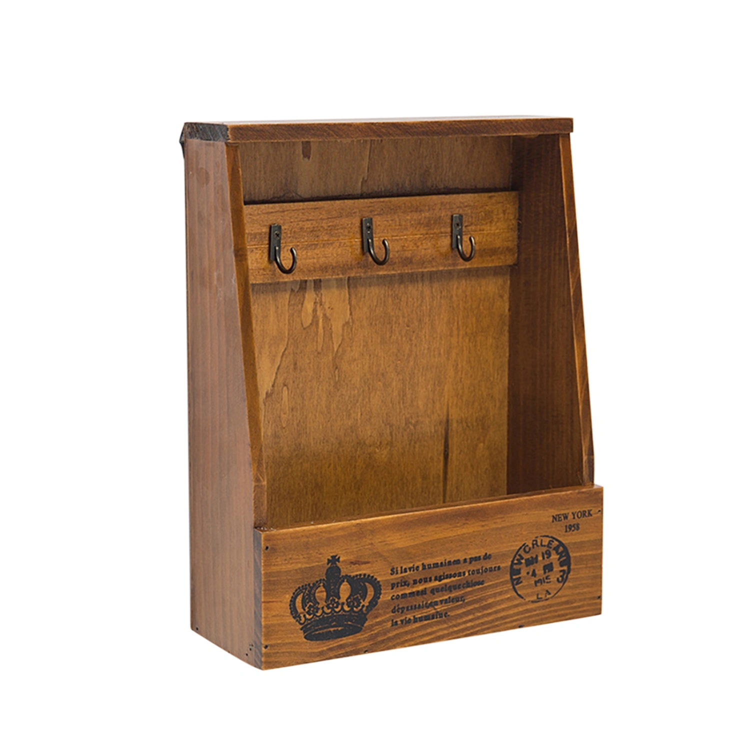 Wooden Retro Style Key Hook, Wall-mounted Storage Box for Entryway
