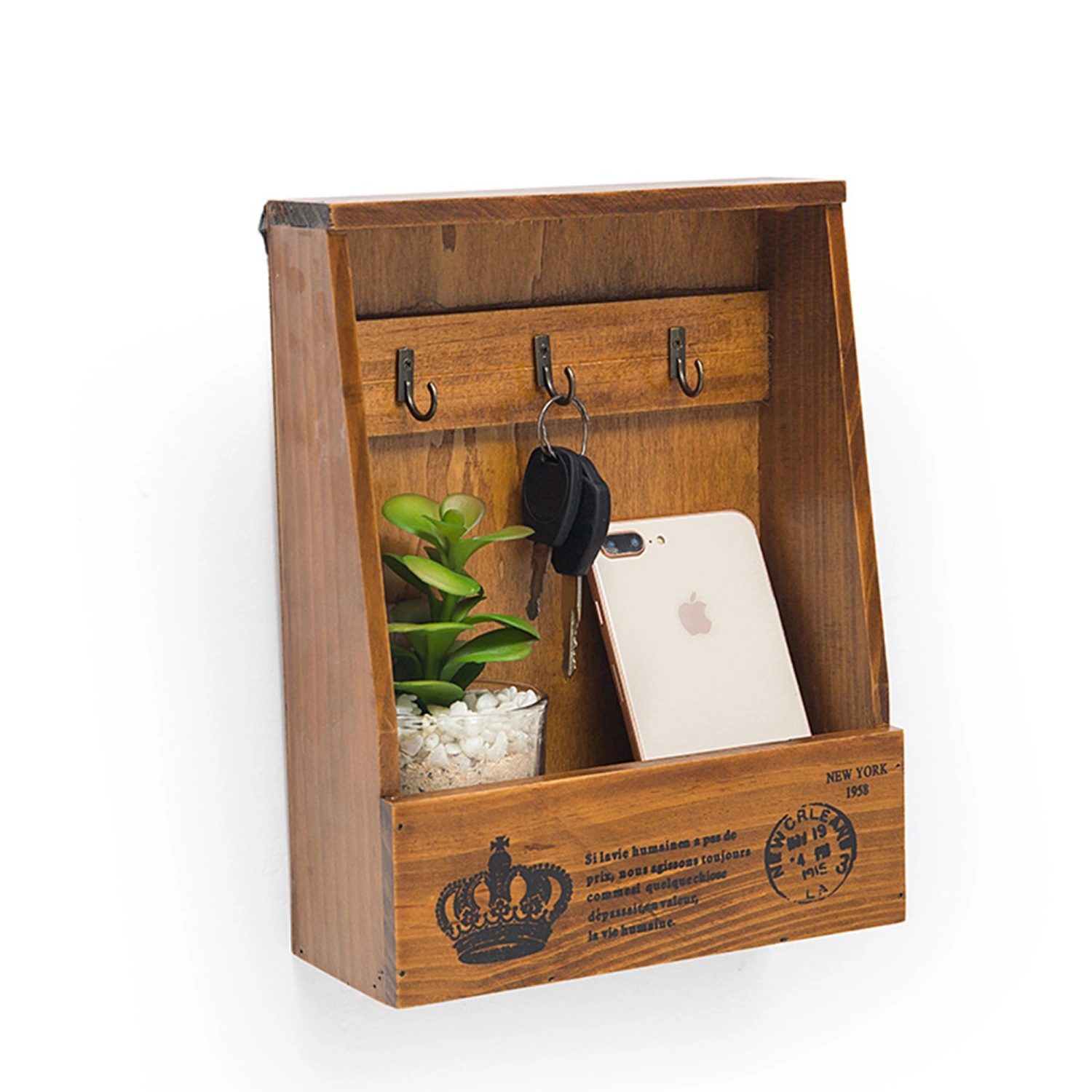 Wooden Retro Style Key Hook, Wall-mounted Storage Box for Entryway