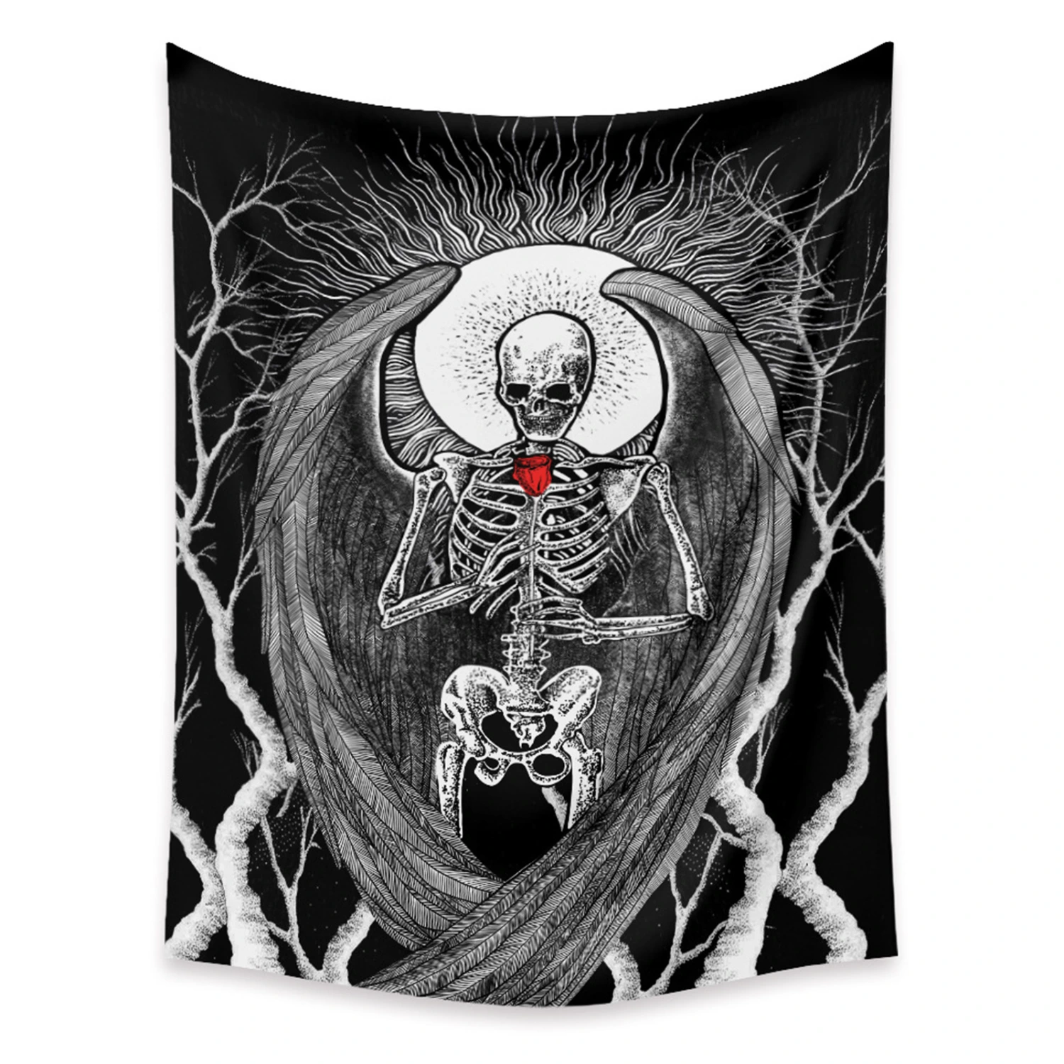 Skull Tapestry, Bohemian Skeleton Rose Flower Heart Tapestry