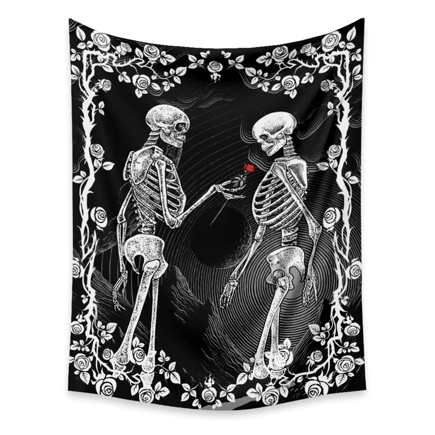 Skull Tapestry, Bohemian Skeleton Rose Flower Heart Tapestry