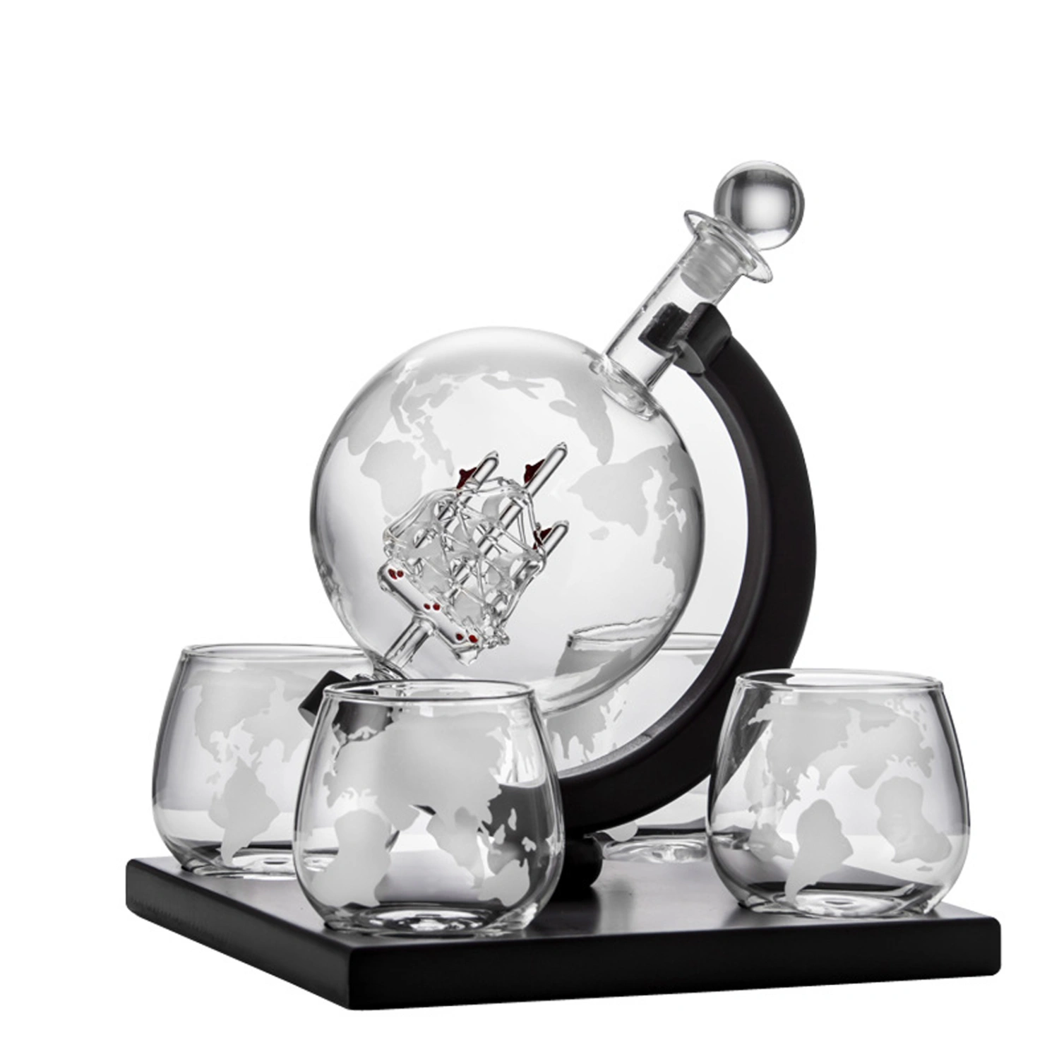 Whiskey Decanter Set, Decanter with Etched Globe Glasses & Stand