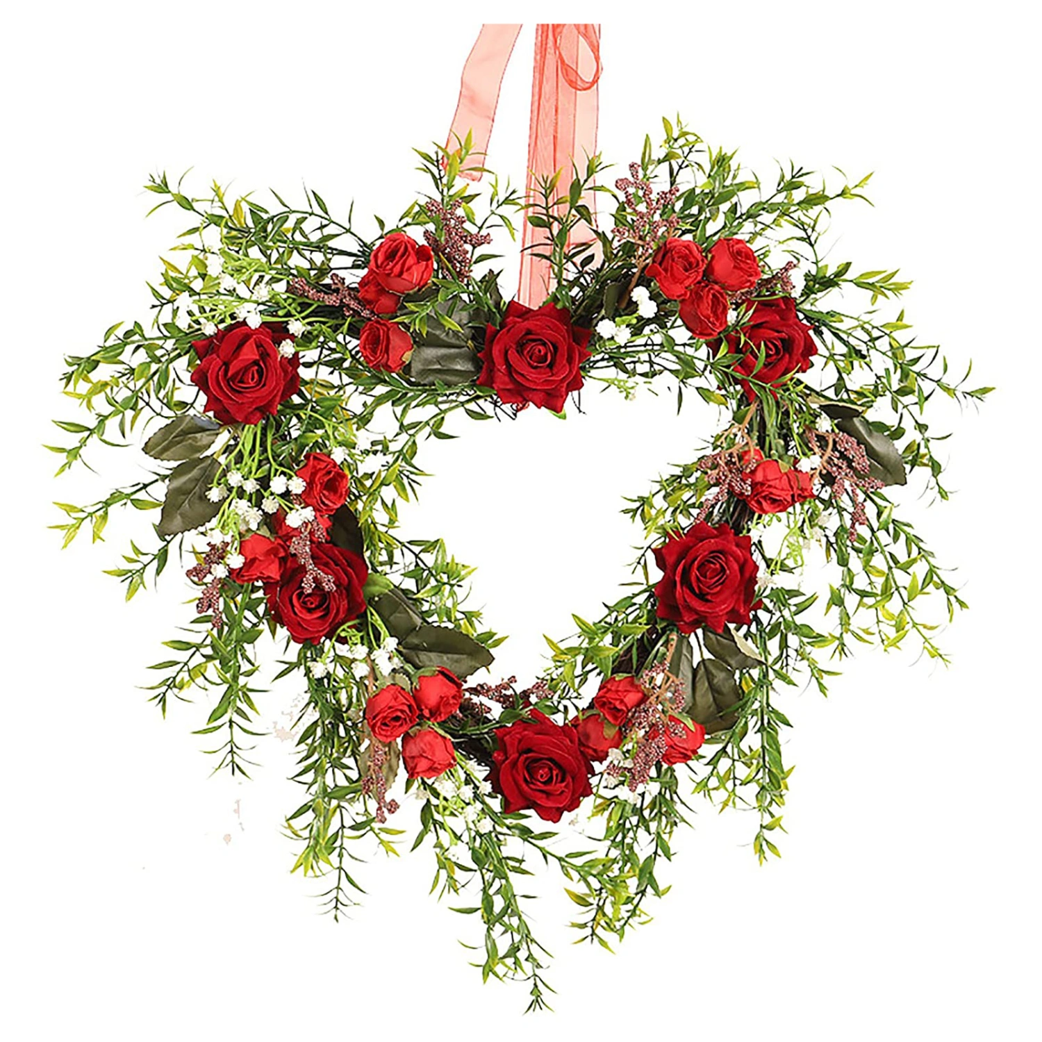 Valentine’s Day Heart-shaped Wreath, Artificial Roses and Leaves
