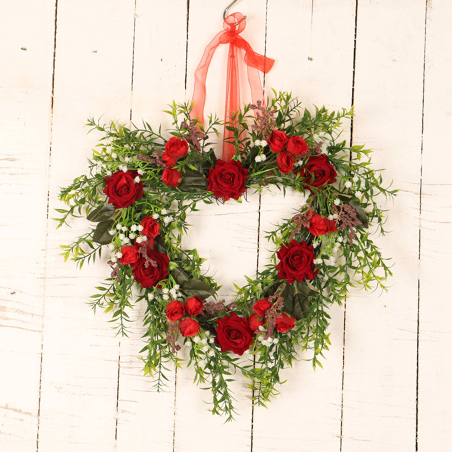 Valentine’s Day Heart-shaped Wreath, Artificial Roses and Leaves
