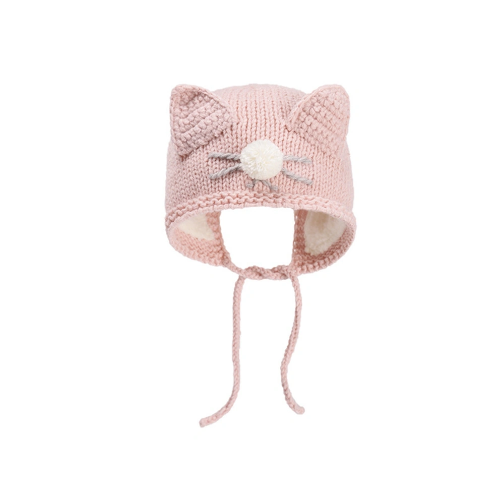 Baby Knit Bonnet Hat Winter Fleece Lined Cartoon Cat Beanie Hat with Chin Strap