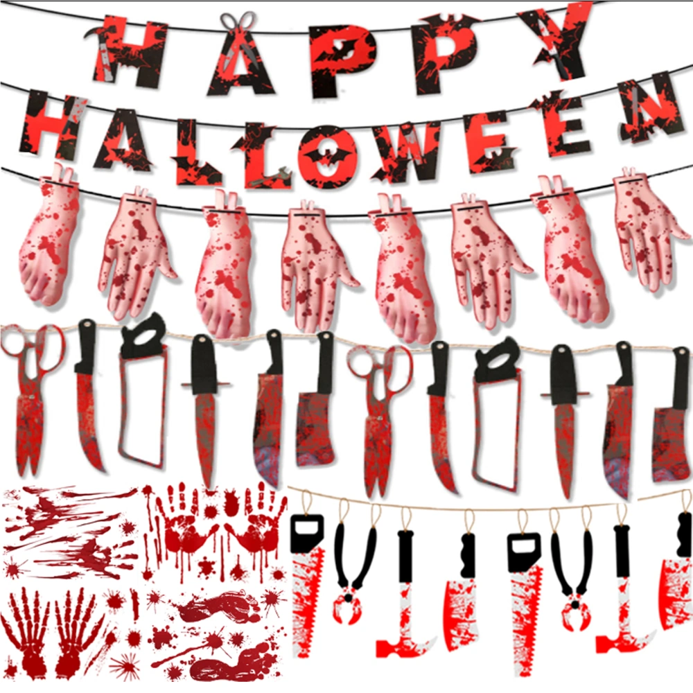 Scary Halloween Banners Weapons Prop Bloody Garland Knife Decor