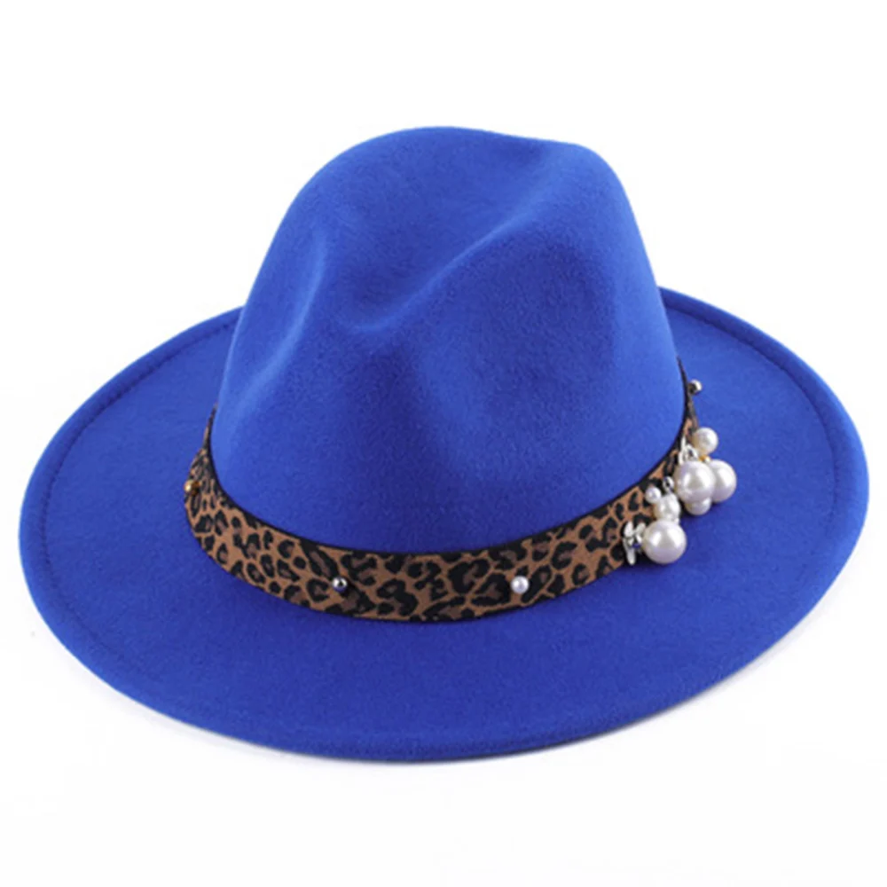 Men Women Panama Hat Wide Brim Felt Trilby Fedora Hat with Pearl Leopard Band