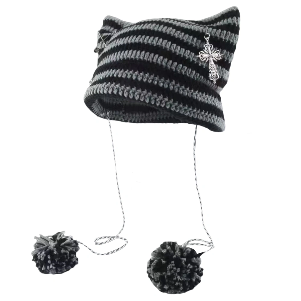 Cat Beanies for Women Warm Cat Ear Hats with Poms Grunge Knit Caps