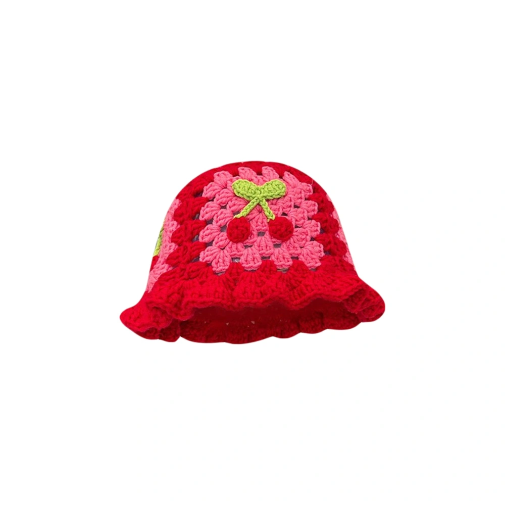 Women Crochet Bucket Hats Outdoor Fisherman Hats Cherry Beanie Caps