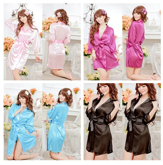 Women Lace Satin Nightgown Long Sleeve Solid Color Bathing Robe Sleepwear