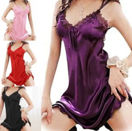 Women Summer Sexy Sleep Dress Elegant Solid Satin Babydoll Lace Robe