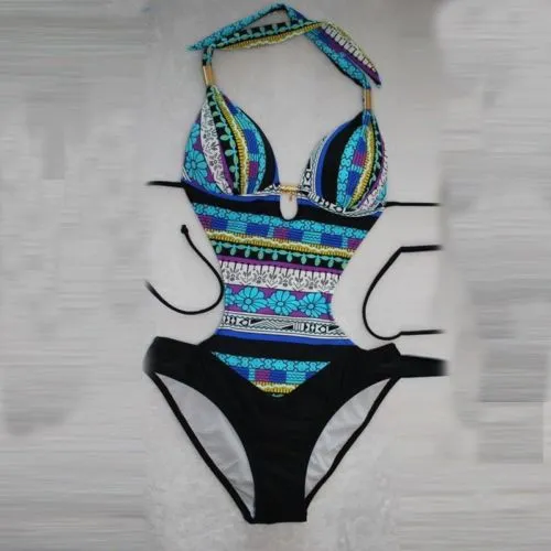 Women Summer Swimsuit Ethnic Print Deep V-neck Bandage Swimwear