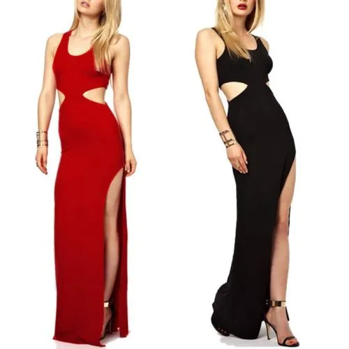 Women Waistless Cut Dress, Sleeveless Split Side Maxi Cocktail Dress