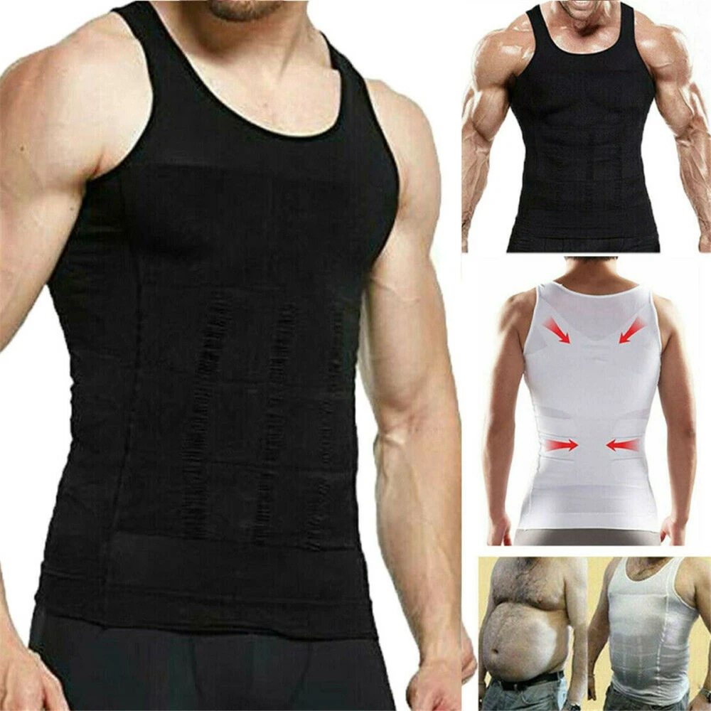 Men Body Slimming Vest Solid Round Collar Running Waist Back Shapewear