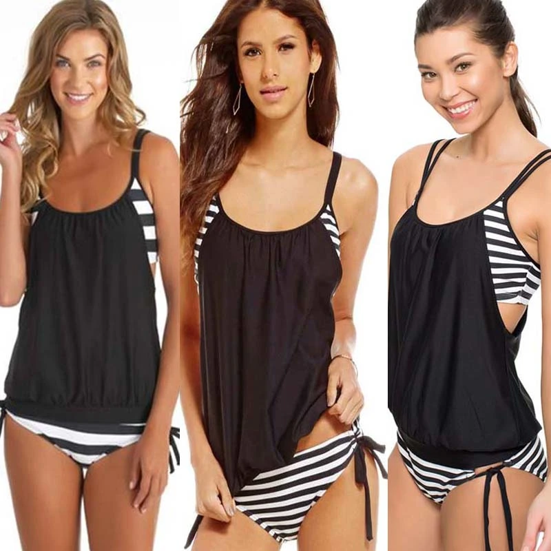 Women Striped Swimwear Set Layered-style Push Up Bra Lace Up Bottom Swimsuit