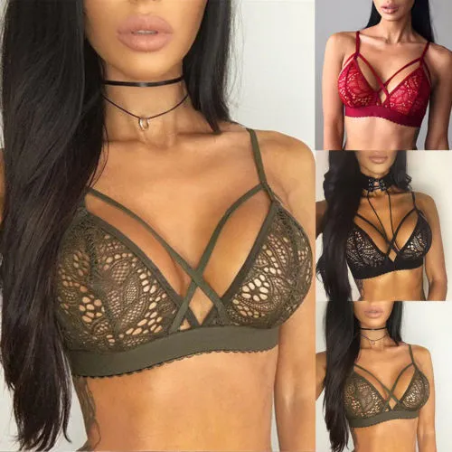 Women Sexy Bra Lace Sling Hollow Bralette V Neck Sheer Bustier Strappy Bra