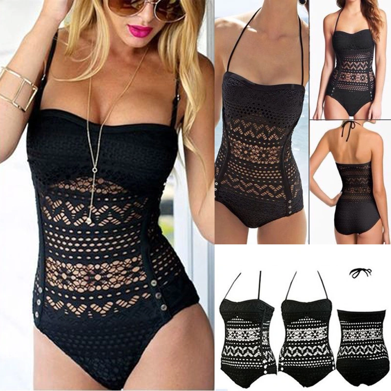 Women Summer Bathing Suit One-Piece Lace Halter Hollow Low Chest Bikini