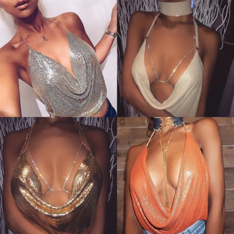 Women’s Sequin Solid Color Halter V-neck Exposed Navel Camisole