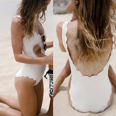 Women Sexy Solid One Piece Swimwear Backless Scalloped Lace Swimsuit