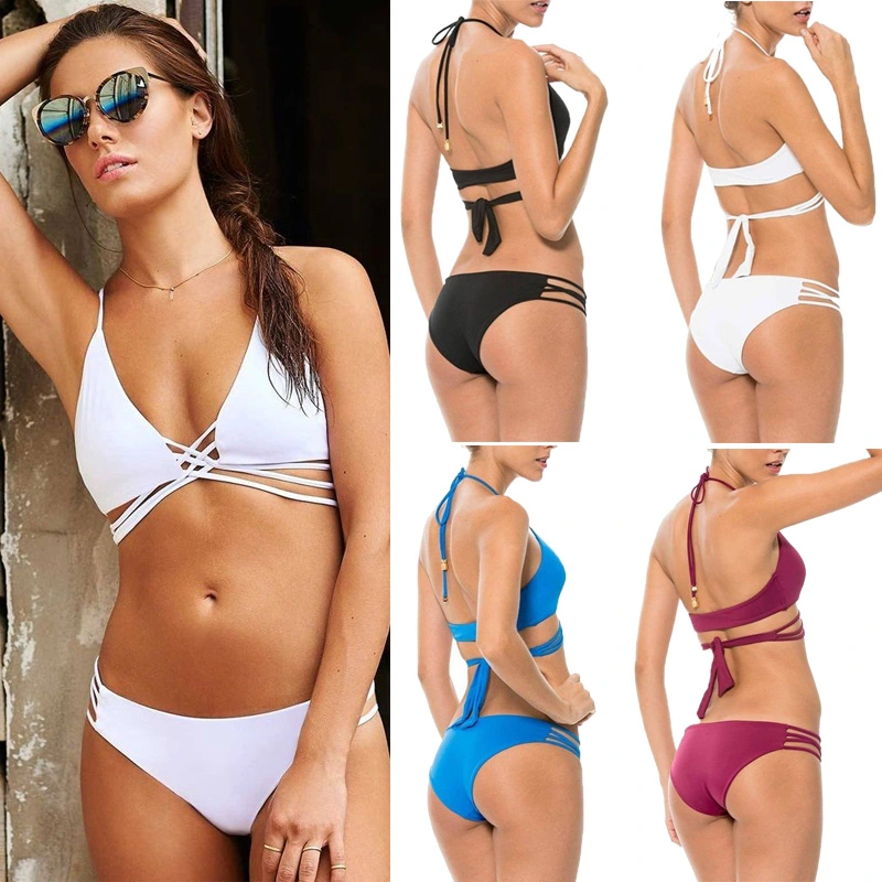 Women V Neck Push Up Padded Bandage Bra Triangle Shorts Swimsuit