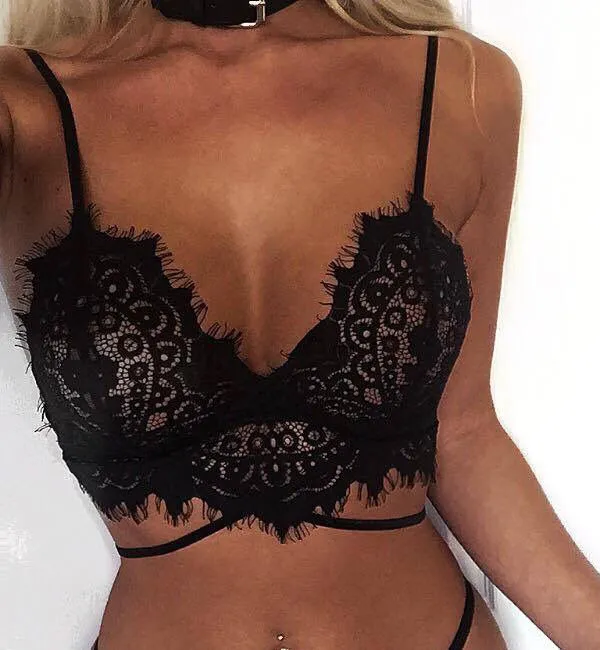 Women's Lace Crochet Bra Spaghetti Strap Eyelash Sexy Lingerie Sleepwear