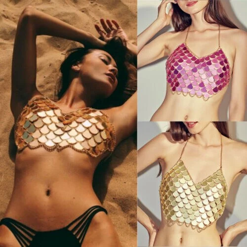 Women Sequin Crop Tops, Backless Halter V-neck Hollow Out Party Vest