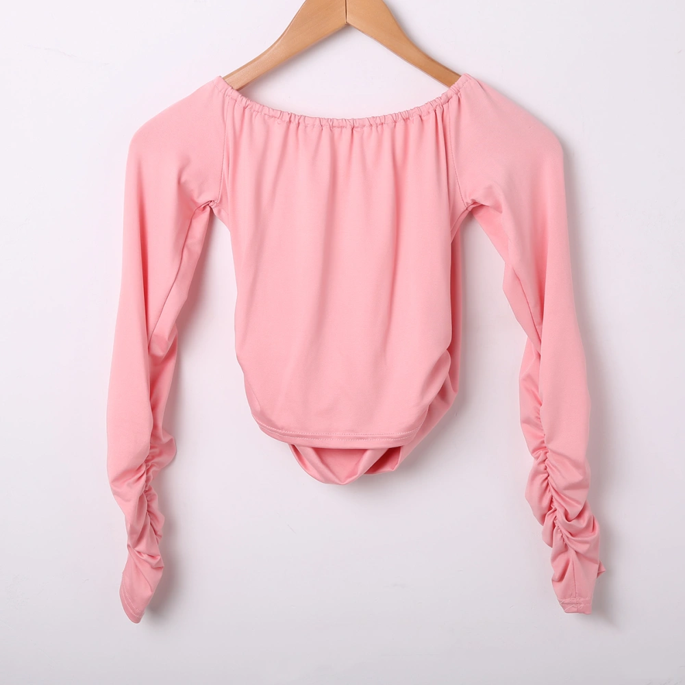 Lady Off Shoulder Crop Top Solid Color V-neck Long Sleeve Ruched T-Shirt