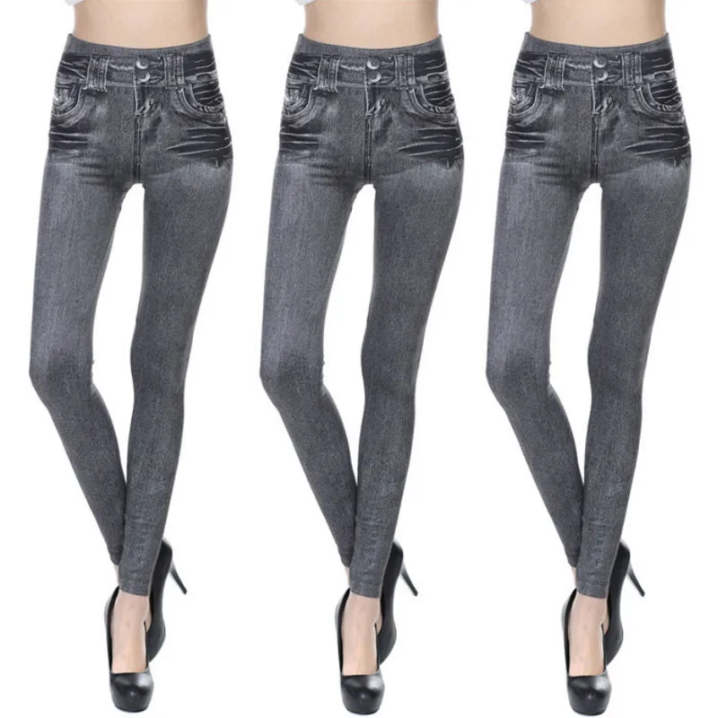 Women Faux Denim Tights Stretchy Skinny High Waist Pencil Trousers