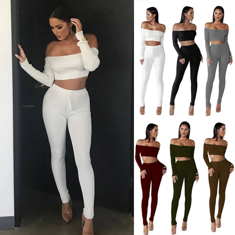 Women’s Sexy Off-shoulder Crop Top and High Waist Lace-up Long Pants