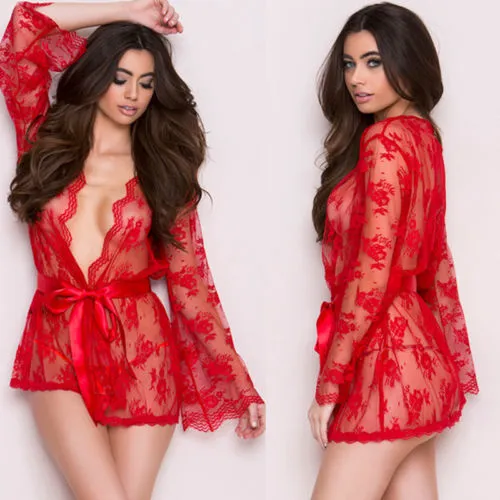 Womens Sexy Lace Sleepwear Set Nightgowns G-string Babydoll Sleepwear Dress