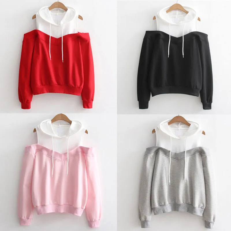 Women’s Contrast Color Off-shoulder Long-sleeved Hooded Sweater