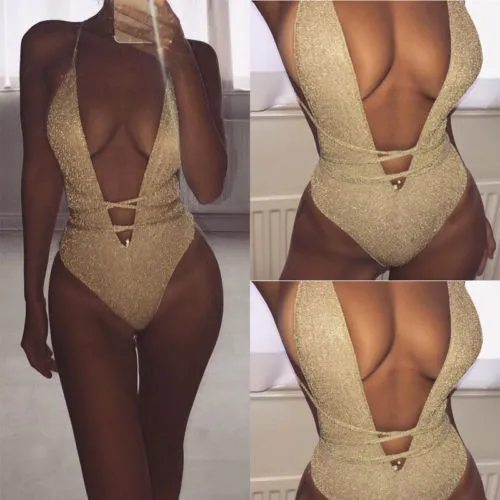 Women's V Neck Swimwear, Shine Solid Bandage Push Up Padded Swimsuit