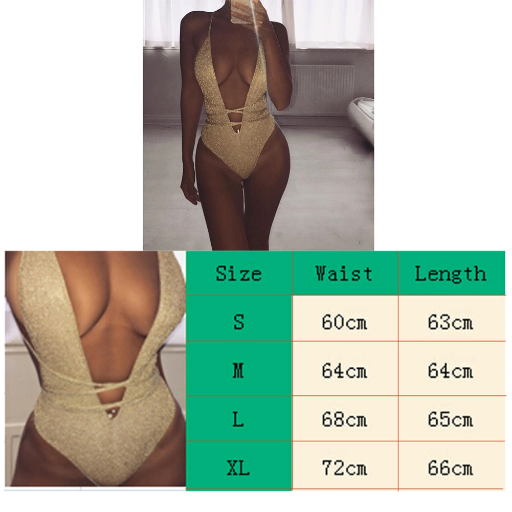 Women's V Neck Swimwear, Shine Solid Bandage Push Up Padded Swimsuit