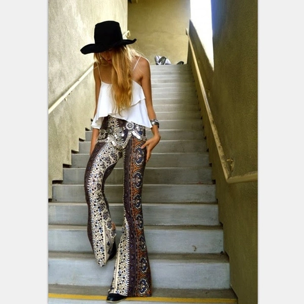 Women Bell-Bottom Pants Long Fashionable Patterns High Waist Slim-Fit Pants