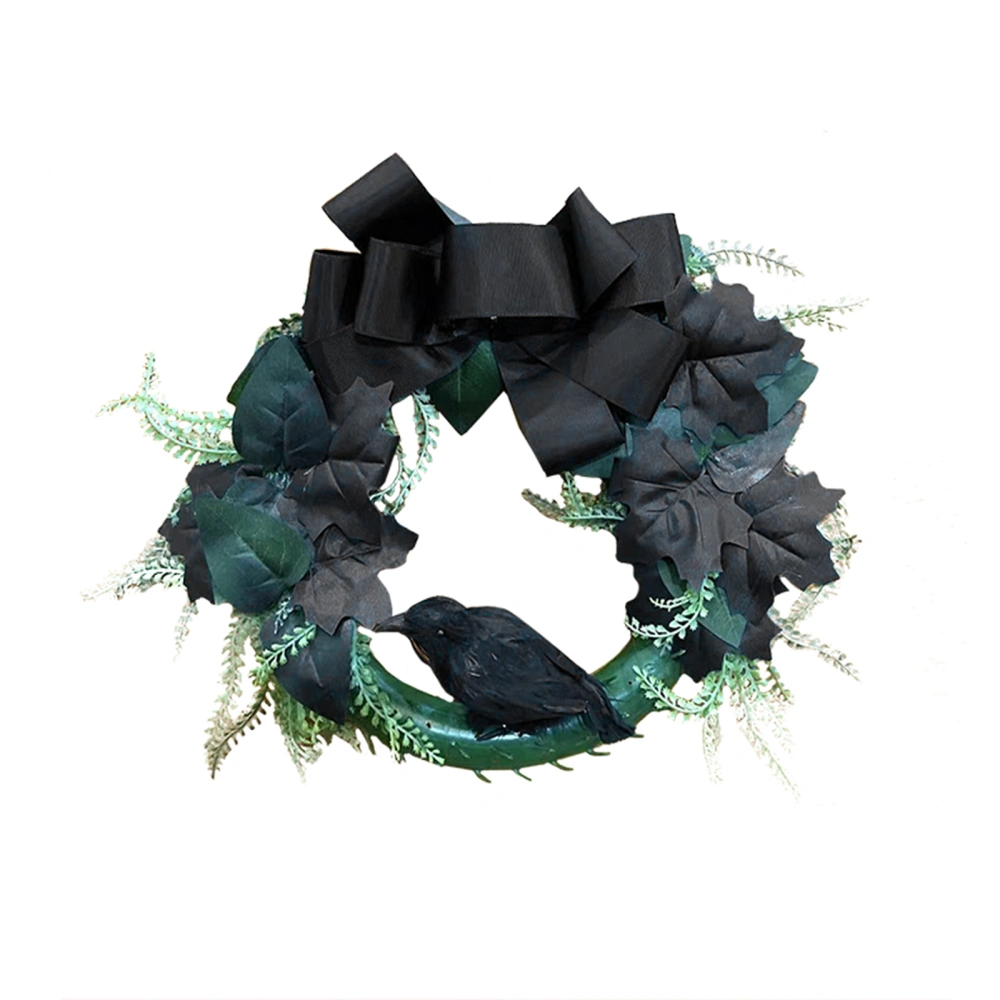 Halloween Decorative Pendant, Artificial Leaves Crow Bowknot Wreath