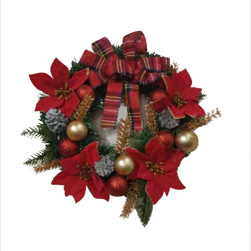 Christmas Wreath for Door, Red Plaid Bowknot Balls Rattan Garland