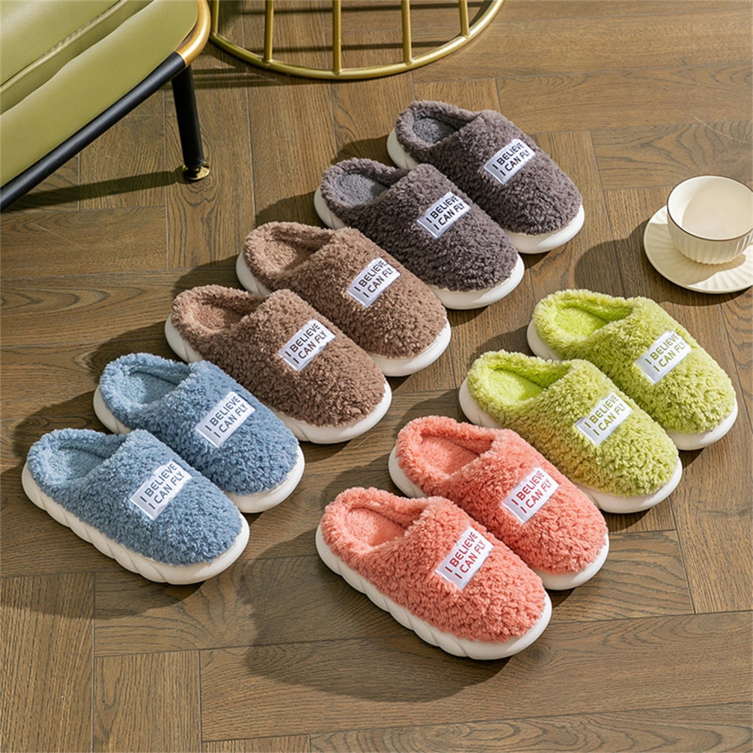 Women Men Winter Indoor Slippers Letters Non-slip Warm House Shoes