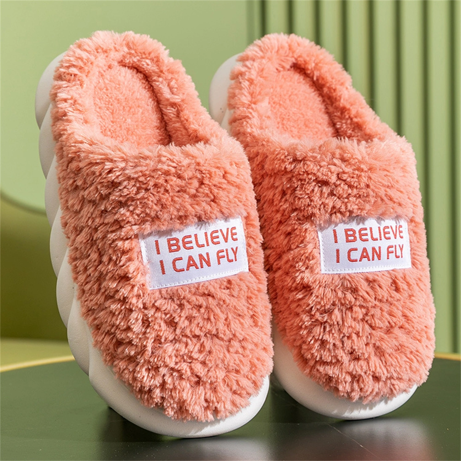 Women Men Winter Indoor Slippers Letters Non-slip Warm House Shoes