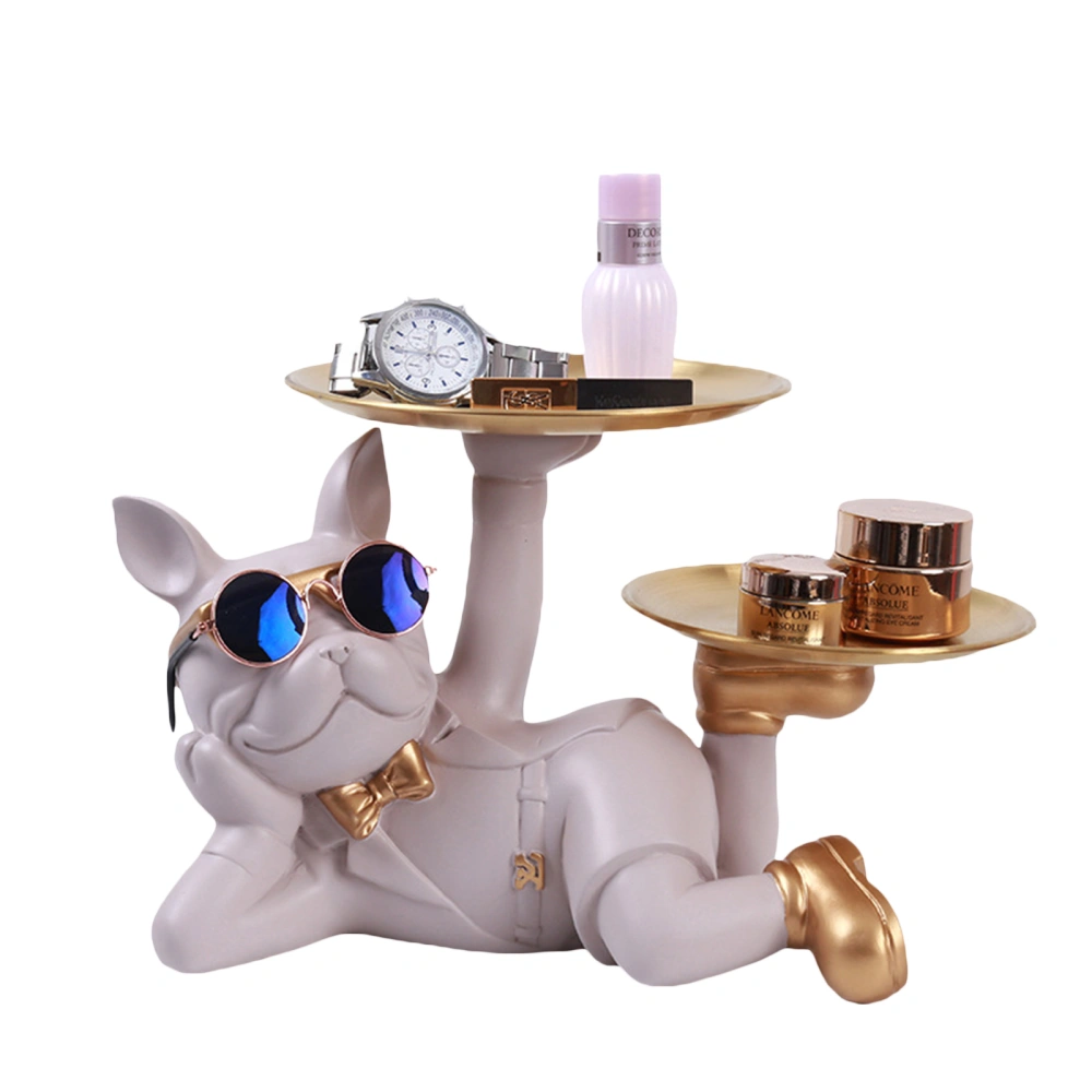 Resin Dog Statue 2 Metal Trays with Glasses French Bulldog Figurine