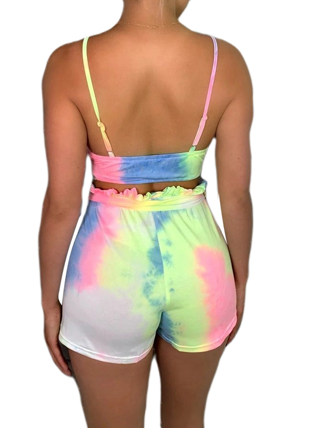 Female Tie-Dye Print U-Neck Spaghetti Strap Crop Tops+ Short Pants