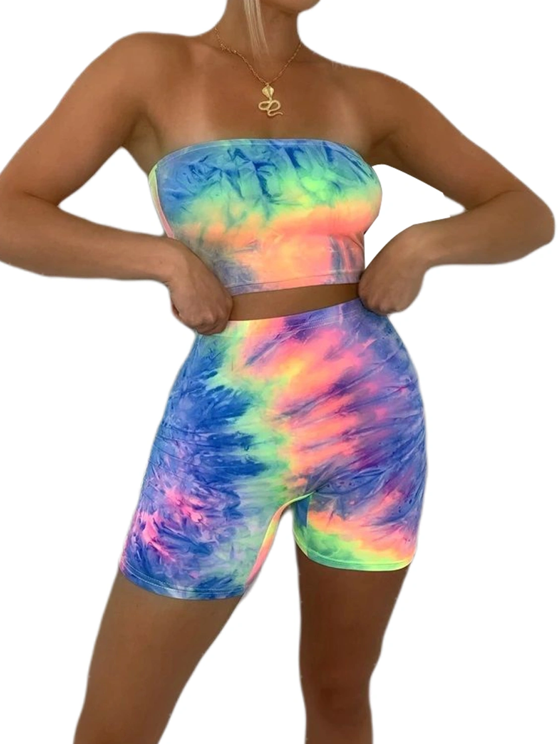 Female Tie-Dye Print U-Neck Spaghetti Strap Crop Tops+ Short Pants