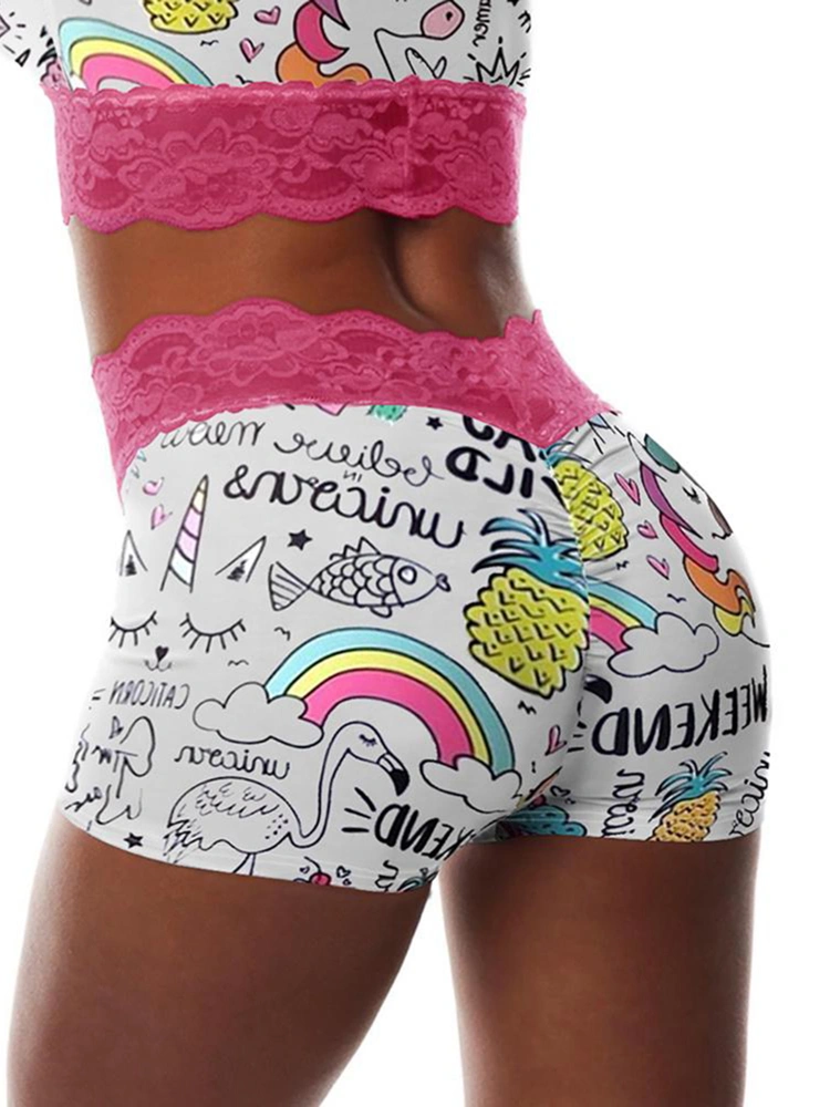 Women’s Summer Short Pants,Lip/Apple/Cartoon Printed High Waist Lace Top Bottoms