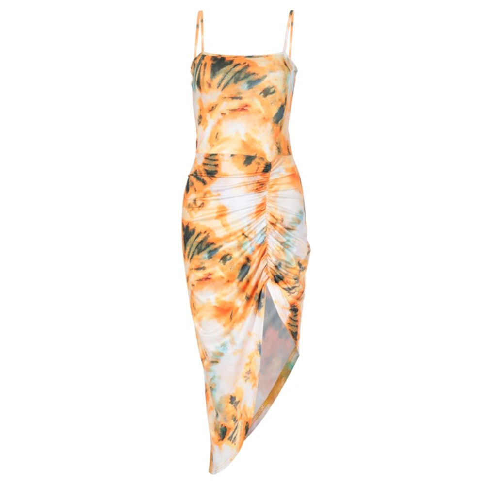 Women Sexy Sleeveless Sling Dress Tie Dye Print Ruched Wrapped Dress