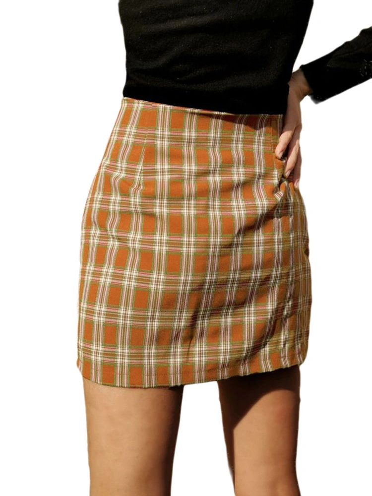 Women Summer Vintage Short Skirts Plaid High Waist Split A-line Mini Skirts