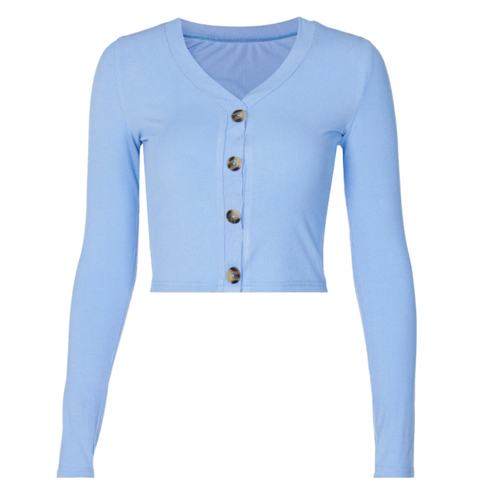 Women Long Sleeve Crop Tops Solid Color Ribbed Knit V-neck Button Tops