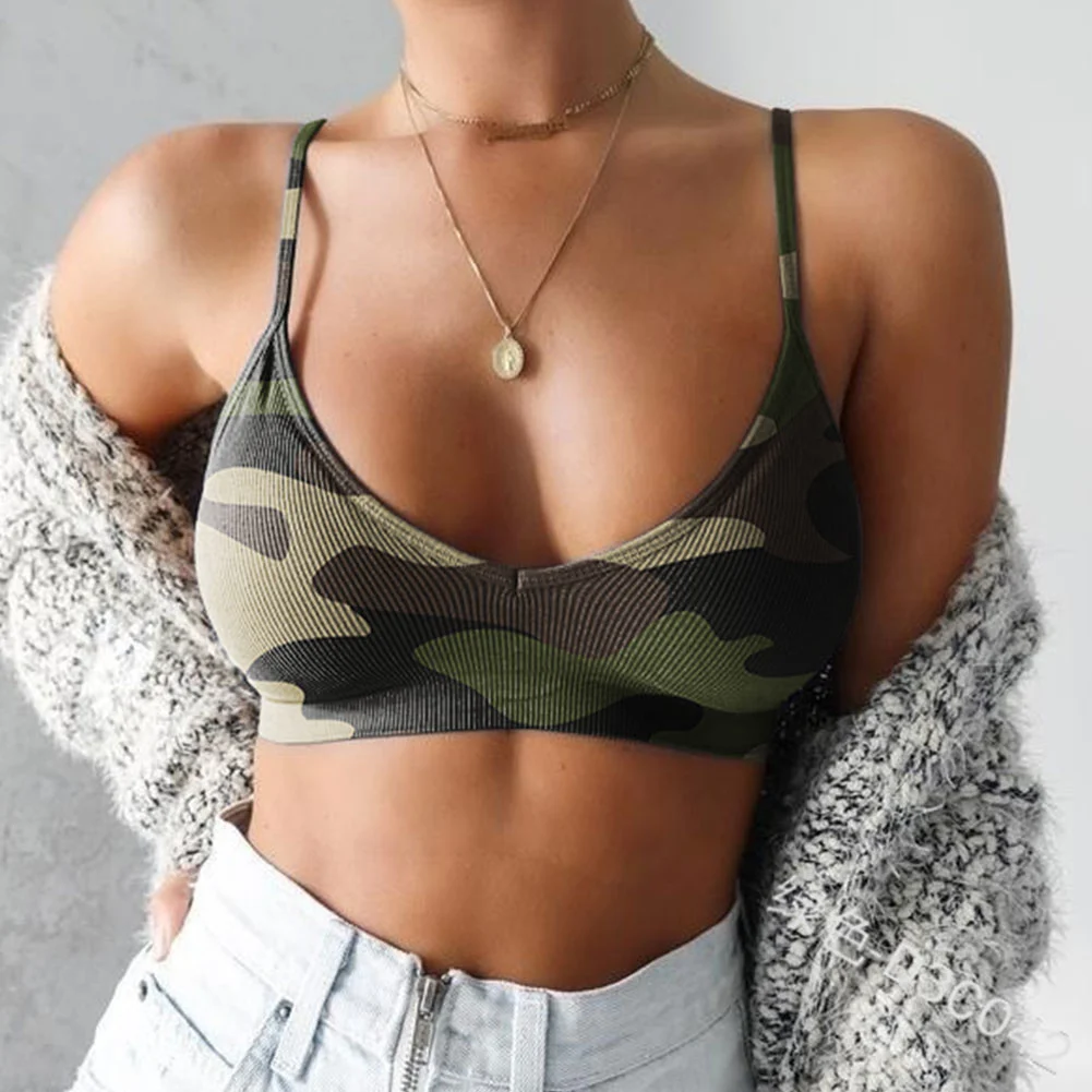 Women Summer Crop Top, Camouflage Spaghetti Straps Low Cut Bodycon Tank Top