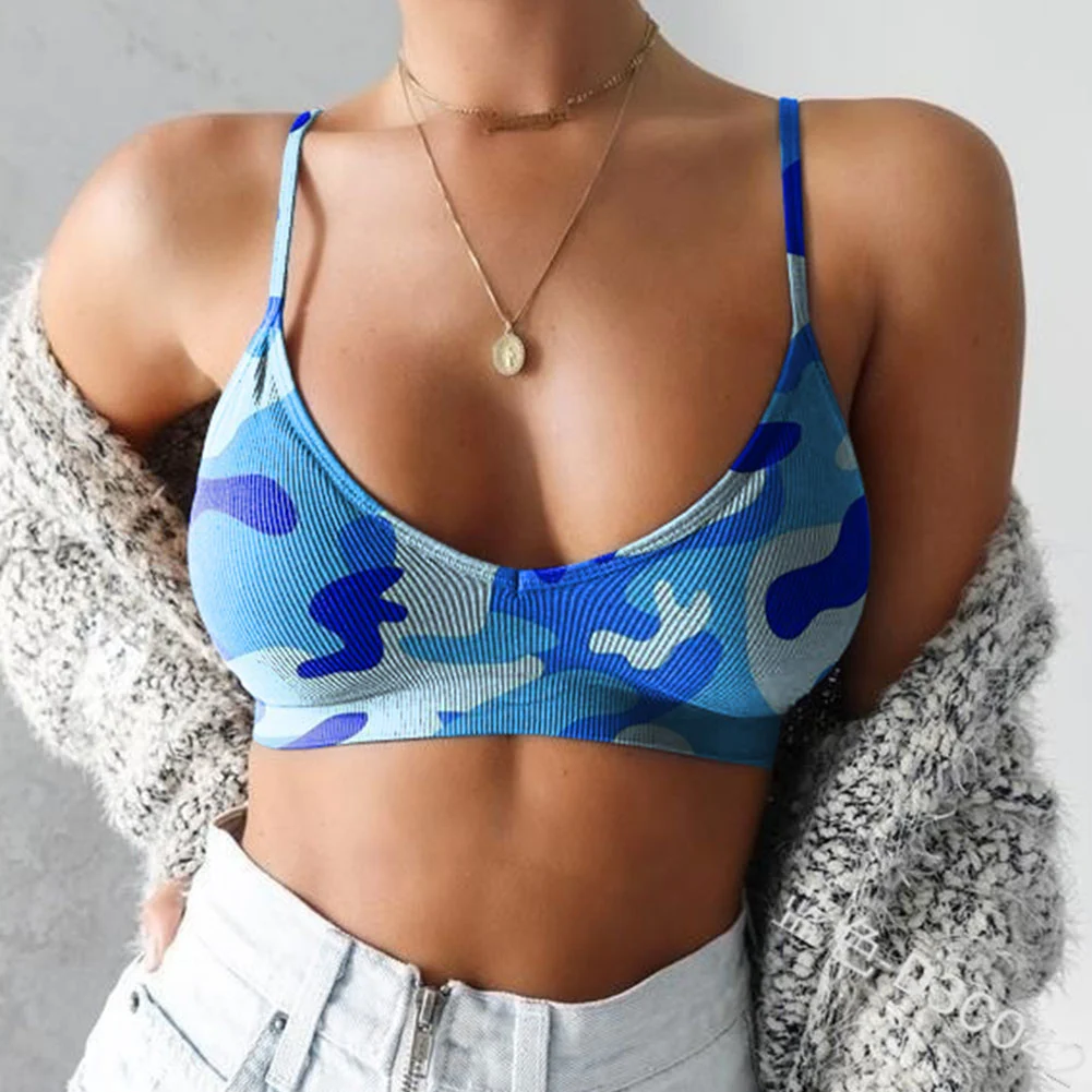 Women Summer Crop Top, Camouflage Spaghetti Straps Low Cut Bodycon Tank Top