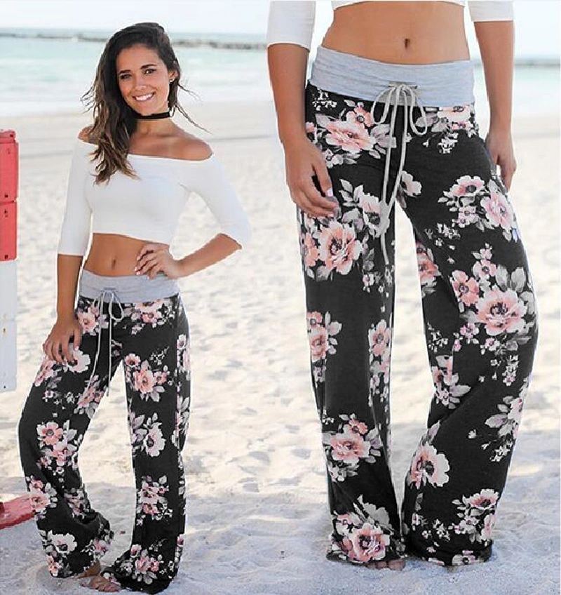 Women Spring Casual Pants, Flower Print Drawstring Wide-Leg Trousers