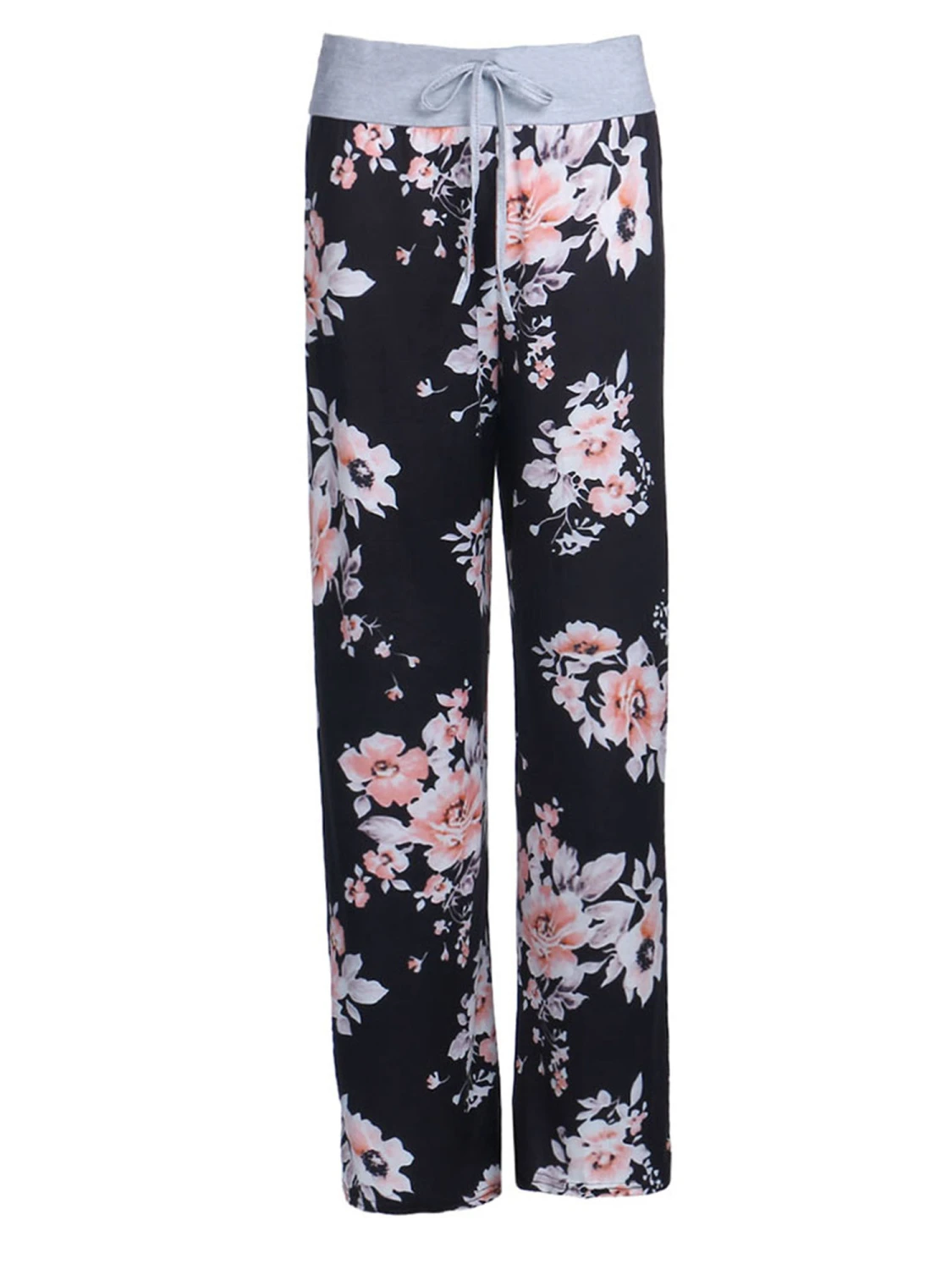 Women Spring Casual Pants, Flower Print Drawstring Wide-Leg Trousers